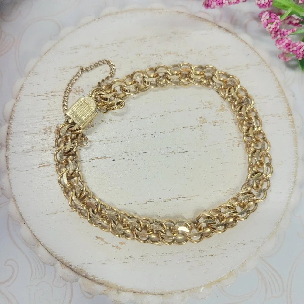 12K Gold Filled Bracelet by Rhythm Vintage Multi Link Charm Chain Bracelet